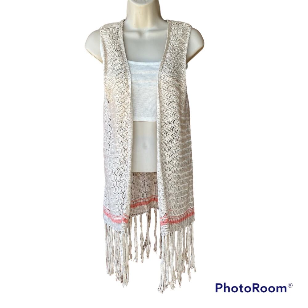 Altar'd State Loose Knit Lace Sleeveless Kimono Duster Sweater Fringe Boho S